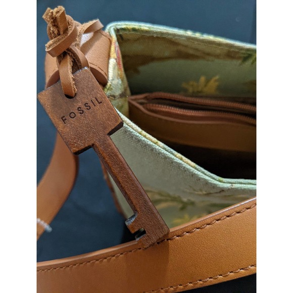 New Vintage Fossil Beach Print Shoulder Purse Bag Canvas Woven Rattan Detail - Picture 7 of 8